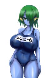 Rule 34 | 1girl, blue skin, breasts, colored skin, covered erect nipples, covered navel, cowboy shot, fins, fish girl, green eyes, green hair, hair over one eye, head fins, huge breasts, looking at viewer, matching hair/eyes, one-piece swimsuit, original, parted lips, school swimsuit, sgwmanga, smile, solo, swimsuit, white background