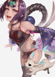 Rule 34 | 1girl, absurdres, animal, armpits, arms at sides, arms behind back, bare shoulders, black thighhighs, bob cut, chinese clothes, choker, collarbone, commentary request, cowboy shot, crop top, cup, dudou, dutch angle, eyeliner, eyeshadow, fangs, fate/grand order, fate (series), floating hair, gourd, headpiece, heart, highres, horns, leaning forward, lips, loincloth, looking away, looking to the side, makeup, midriff, navel, oni, outstretched arms, peperon (peperou), pointy ears, purple eyes, purple hair, revealing clothes, rope, sakazuki, shawl, shimenawa, short hair, shuten douji (fate), shuten douji (fate/grand order), shuten douji (halloween caster) (fate), sidelocks, simple background, skin-covered horns, smile, solo, teeth, thighhighs, tongue, tongue out, white background