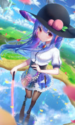 Rule 34 | 1girl, adapted costume, black footwear, black hat, black pantyhose, blue bow, blue bowtie, blue hair, blue skirt, blush, bow, bowtie, breasts, brooch, closed mouth, cloud, cloudy sky, commentary request, day, dutch angle, eyebrows hidden by hair, falling petals, fisheye, floating hair, floating island, food, fruit, full body, hair between eyes, hat, highres, hinanawi tenshi, jewelry, kiramarukou, long hair, looking at viewer, medium breasts, outdoors, pantyhose, peach, petals, petticoat, plain, planted, planted sword, planted weapon, puffy short sleeves, puffy sleeves, red eyes, reflection, ripples, shirt, short sleeves, skirt, sky, smile, solo, standing, sword, sword of hisou, touhou, upskirt, very long hair, weapon, white shirt