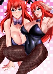 Rule 34 | 1girl, absurdres, ahoge, animal ears, armpits, ass, bare shoulders, black leotard, blue eyes, breasts, cleavage, closed mouth, fake animal ears, fishnet pantyhose, fishnets, from side, gluteal fold, haikawa hemlen, hair between eyes, high school dxd, highres, knee up, large breasts, leotard, long hair, looking at viewer, multiple views, open mouth, pantyhose, pink background, playboy bunny, red hair, rias gremory, smile, solo, spread legs, two-tone background, very long hair, white background, wrist cuffs