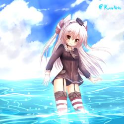 Rule 34 | 1girl, amatsukaze (kancolle), black choker, black dress, black panties, blue sky, blush, breasts, brown eyes, choker, closed mouth, cloud, cloudy sky, commentary request, day, dress, gloves, hair ornament, hair tubes, hat, head tilt, headgear, highres, kane-neko, kantai collection, long hair, long sleeves, looking at viewer, multicolored clothes, multicolored legwear, ocean, on water, one-hour drawing challenge, panties, red thighhighs, sailor collar, sailor dress, school swimsuit, short dress, silver hair, sky, small breasts, smile, solo, standing, striped clothes, striped thighhighs, swimsuit, thigh strap, thighhighs, twintails, two side up, underwear, white gloves, white thighhighs, zettai ryouiki