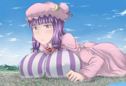 Rule 34 | 1girl, aircraft, airplane, army, ass, between breasts, blush, breasts, city, cleavage, cloud, covered erect nipples, dress, explosion, female focus, giant, giantess, hat, highres, huge breasts, huge giantess, impossible clothes, impossible shirt, landscape, mountain, patchouli knowledge, purple eyes, purple hair, shirt, smoke, striped clothes, striped dress, striped shirt, terada ochiko, touhou, warfare