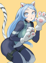 Rule 34 | 1girl, :o, absurdres, animal ears, animal hands, blue bodysuit, blue hair, bodysuit, boku no hero academia, bright pupils, cat ears, cat tail, commentary request, fengling (furin-jp), gloves, green bodysuit, hadou nejire, hands up, highres, long hair, multicolored bodysuit, multicolored clothes, open mouth, paw gloves, simple background, solo, squatting, superhero costume, tail, thigh strap, white pupils, yellow background