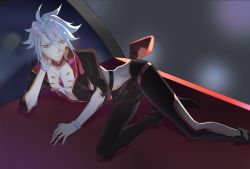 Rule 34 | 1boy, 676643396dolce, absurdres, bishounen, black pants, blue eyes, bodysuit, chest jewel, collared shirt, earrings, fate/extella, fate/extella link, fate/extra, fate (series), groin, highres, jewelry, karna (fate), lying, male focus, on side, pale skin, pants, revealing clothes, shirt, single earring, solo, v-neck, white hair