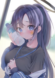 Rule 34 | 1girl, absurdres, black shirt, blue archive, blue eyes, blue jacket, bottle, breasts, commentary request, drink, gym uniform, halo, highres, holding, holding bottle, holding drink, id card, jacket, kmr 7m, lanyard, long hair, long sleeves, looking at viewer, medium breasts, official alternate costume, open clothes, open jacket, outdoors, parted bangs, ponytail, purple hair, shirt, short sleeves, sidelocks, solo, star (symbol), sticker on face, sweat, t-shirt, track jacket, two-sided fabric, two-sided jacket, upper body, water bottle, yuuka (blue archive), yuuka (track) (blue archive)