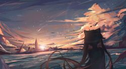 Rule 34 | 1girl, animal ears, back, bird, cloud, cloudy sky, commentary request, dusk, fake animal ears, floating hair, genshin impact, house, keqing (genshin impact), long hair, looking afar, outdoors, scenery, shadow, sky, solo, solo focus, sun, sunset, tower, twintails, very long hair, wind, yajuu