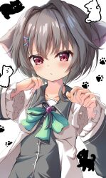 Rule 34 | 1girl, 9-nine-, absurdres, animal ears, animal print, black hair, black shirt, blush, bow, cat ears, cat print, commentary, eyelashes, frilled sleeves, frills, green bow, hair between eyes, hair intakes, hair ornament, hairclip, hands up, highres, kemonomimi mode, long sleeves, looking at viewer, parted lips, paw pose, paw print, red eyes, school uniform, shirt, short hair with long locks, simple background, solo, tatika714, upper body, v-shaped eyebrows, white background, wide sleeves, wing collar, yuuki noa