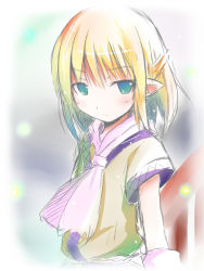 Rule 34 | 1girl, arm warmers, blonde hair, female focus, green eyes, half updo, mizuhashi parsee, necktie, pointy ears, shichinose, short hair, solo, touhou, upper body