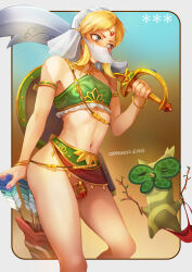 Rule 34 | 1boy, arrow (projectile), artist name, bare shoulders, blonde hair, blue background, blue eyes, blue lips, blurry, blurry background, breasts, brown background, bulge, chastity cage, crossdressing, feet out of frame, gerudo set (zelda), gradient background, highres, holding, korok, link, looking to the side, male focus, medium breasts, midriff, mouth veil, nail polish, navel, nintendo, no panties, parted bangs, pink nails, quiver, scimitar, shadow, shield, shield on back, solo, steamed egg, sword, the legend of zelda, the legend of zelda: breath of the wild, thighs, trap, veil, weapon, white sleeves