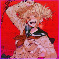 Rule 34 | 10s, 1girl, arm up, black sailor collar, black skirt, blonde hair, blood, blood on clothes, blood on face, blood on hands, blunt bangs, blush, boku no hero academia, cardigan, chariko, commentary, double bun, english commentary, fangs, hair bun, holding, holding knife, holding weapon, knife, long sleeves, looking at viewer, neckerchief, open mouth, pleated skirt, red background, red neckerchief, sailor collar, school uniform, serafuku, short hair, skirt, smile, solo, stab, steam from mouth, toga himiko, tongue, tongue out, upper body, weapon