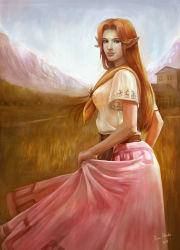 Rule 34 | 1girl, aline mendes, blue eyes, breasts, brown hair, clothes lift, curtsey, field, highres, lips, long hair, long skirt, looking at viewer, looking back, malon, neckerchief, nintendo, nose, aged up, pointy ears, realistic, skirt, skirt lift, smile, solo, standing, the legend of zelda, the legend of zelda: ocarina of time