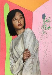 1girl abstract abstract_background acrylic_gouache_(medium) asian coat highres long_sleeves looking_to_the_side medium_hair original paint paint_splatter satou_t solo traditional_media upper_body white_coat