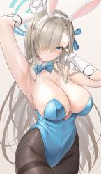 Rule 34 | 1girl, animal ears, armpits, arms behind head, arms up, asuna (blue archive), asuna (bunny) (blue archive), bare shoulders, blue archive, blue eyes, blue leotard, blush, bow, bowtie, breasts, brown pantyhose, cleavage, commentary request, detached collar, elbow gloves, emanon123, eyes visible through hair, fake animal ears, gloves, hair over one eye, halo, highleg, highleg leotard, highres, large breasts, leotard, light brown hair, long hair, looking at viewer, mole, mole on breast, pantyhose, playboy bunny, rabbit ears, solo, strapless, strapless leotard, thighs, traditional bowtie, white gloves