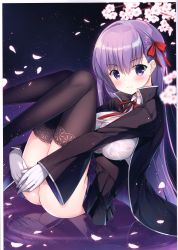 Rule 34 | &gt;:), 1girl, absurdres, ass, bb (fate), bb (fate/extra), black coat, black skirt, black thighhighs, blush, breasts, cherry blossoms, circle name, closed mouth, coat, collared shirt, fate/extra, fate/extra ccc, fate (series), gloves, hair between eyes, hair ribbon, hanahanamaki, high-waist skirt, highres, large breasts, leaning back, legs up, long hair, long sleeves, looking at viewer, medium breasts, night, night sky, open clothes, open coat, petals, pleated skirt, purple eyes, purple hair, red ribbon, reflection, ribbon, scan, shiny skin, shirt, simple background, sitting, skirt, sky, smile, solo, star (sky), star (symbol), starry sky, straight hair, thighhighs, underwear, upskirt, v-shaped eyebrows, very long hair, wet, wet clothes, wet shirt, white gloves, white shirt, wing collar