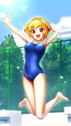 Rule 34 | 1girl, :d, arm behind head, arm up, armpits, bare arms, bare legs, barefoot, blonde hair, blue one-piece swimsuit, bouncing breasts, breasts, collarbone, covered navel, day, doukyuusei another world, fence, full body, game cg, hair intakes, horiide mika, jumping, kakyuusei 2, lens flare, looking at viewer, medium breasts, official art, one-piece swimsuit, open mouth, outdoors, red eyes, school swimsuit, short hair, smile, solo, spaghetti strap, swimsuit
