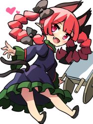 Rule 34 | 1girl, :d, animal ears, black bow, bow, braid, cat ears, cat tail, chibi, dress, extra ears, fang, from behind, green dress, hair bow, juliet sleeves, kaenbyou rin, long sleeves, looking at viewer, looking back, multiple tails, nekomata, one-hour drawing challenge, open mouth, pointy ears, polpol, puffy sleeves, red eyes, red hair, simple background, smile, solo, tail, touhou, twin braids, twintails, white background
