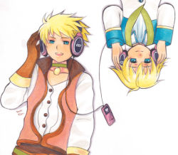 Rule 34 | 00s, 2boys, blonde hair, child, choker, digital media player, dual persona, fio-mama, gloves, green eyes, guy cecil, headphones, listening to music, male focus, multiple boys, rotational symmetry, sennheiser, sharing, short hair, tales of (series), tales of the abyss, white background, aged down