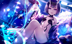 Rule 34 | 1girl, breasts, bug, butterfly, cup, fate/grand order, fate (series), food, fruit, full moon, glowing, grapes, horns, insect, japanese clothes, looking at viewer, moon, oni, open clothes, petals, purple eyes, purple hair, revealing clothes, revision, sakazuki, short hair, shuten douji (fate), shuten douji (first ascension) (fate), sitting, skin-covered horns, small breasts, solo, torii, yan (nicknikg)