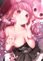 Rule 34 | 1girl, bad id, bad twitter id, black dress, blush, breast hold, breasts, cleavage, covering privates, covering breasts, devil fruit, dress, drill hair, ghost, grin, hat, highres, horo horo no mi, leaning forward, long hair, looking at viewer, medium breasts, nail polish, one piece, perona, pink eyes, pink hair, pink nails, ryota (ry o ta), simple background, smile, solo, strapless, strapless dress, very long hair, white background