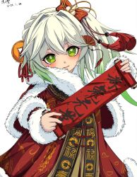 Rule 34 | 1girl, bow, chencheng, chinese commentary, chinese text, coat, commentary request, fan hair ornament, genshin impact, gradient hair, green eyes, green hair, grey hair, hair bow, hair ornament, head tilt, highres, holding, holding scroll, multicolored hair, nahida (genshin impact), one side up, red coat, scroll, solo, translation request