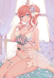 Rule 34 | 1girl, absurdres, ahoge, au ra, backlighting, bare arms, bare legs, bare shoulders, blush, bouquet, bow, bra, breasts, closed mouth, collarbone, cowboy shot, curtains, day, dragon girl, dragon horns, dragon tail, eyelashes, eyeshadow, final fantasy, final fantasy xiv, flower, green eyes, hair flower, hair ornament, hand up, highres, holding, holding bouquet, horns, lace, lace-trimmed bra, lace trim, lingerie, looking at viewer, makeup, medium breasts, medium hair, midriff peek, navel, orange hair, panties, parted bangs, petals, pillow, ponytail, rose, scales, see-through, sitting, skindentation, smile, solo, spaghetti strap, string panties, tail, twilight, underwear, uni (melm), warrior of light (ff14), white bow, white bra, white flower, white panties, white rose, window
