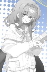 Rule 34 | 1girl, bags under eyes, blue archive, book, cardigan, cowboy shot, glasses, hairband, halo, holding, holding book, jewelry, long hair, long sleeves, looking at viewer, low twintails, mojo, monochrome, mugenmaru, neckerchief, necklace, off shoulder, parted lips, round eyewear, sailor collar, school uniform, serafuku, solo, spot color, sweatdrop, twintails, two-tone background, ui (blue archive), very long hair