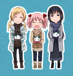 Rule 34 | 3girls, :d, akemi homura, black footwear, black hair, black pants, blonde hair, blue pants, blue skirt, blush stickers, boots, brown footwear, brown gloves, brown jacket, brown sweater, closed eyes, closed mouth, coat, cross-laced footwear, drill hair, facing viewer, full body, fur-trimmed boots, fur trim, gloves, grey coat, hair ribbon, hairband, half-closed eyes, holding, jacket, kaname madoka, lace-up boots, long hair, long skirt, long sleeves, looking at viewer, mahou shoujo madoka magica, mahou shoujo madoka magica (anime), multiple girls, open clothes, open coat, open mouth, outline, pants, pink hair, purple eyes, purple gloves, red gloves, red ribbon, ribbed sweater, ribbon, ryuunosuke (luckyneco), scarf, skirt, smile, standing, striped clothes, striped scarf, sweater, tomoe mami, twin drills, twintails, white outline