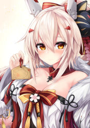 Rule 34 | 1girl, absurdres, ayanami (azur lane), ayanami (pulse of the new year) (azur lane), azur lane, blonde hair, breasts, cherry blossoms, chinese zodiac, cleavage, commentary request, ema, fox mask, hair between eyes, hair ornament, highres, holding, kanzashi, long hair, looking at viewer, mask, mask on head, medium breasts, orange eyes, ponytail, red ribbon, ribbon, ryara, smile, solo, upper body, year of the rat