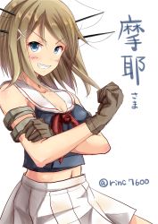 Rule 34 | 10s, 1girl, bare shoulders, blonde hair, blue eyes, bras d&#039;honneur, brown gloves, flexing, gloves, grin, hair ornament, highres, ichikawa feesu, kantai collection, looking at viewer, maya (kancolle), navel, neckerchief, skirt, smile, solo, translation request