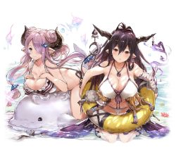 Rule 34 | 10s, 2girls, :o, antenna hair, ass, bandages, bare shoulders, bikini, black hair, blue eyes, breasts, butt crack, cleavage, collarbone, danua, doll, draph, earrings, flower, front-tie bikini top, front-tie top, granblue fantasy, hair between eyes, hair ornament, hair over one eye, highres, horn ornament, horns, innertube, jewelry, kneeling, large breasts, leaning forward, light purple hair, long hair, looking at viewer, lying, multiple girls, narmaya (granblue fantasy), navel, necklace, on stomach, open mouth, partially submerged, pointy ears, red eyes, sandals, smile, swim ring, swimsuit, tokopi, water, white bikini
