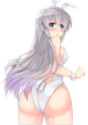 Rule 34 | 1girl, animal ears, artist request, ass, bare shoulders, blue eyes, blush, breasts, clannad, fake animal ears, from behind, highres, large breasts, leotard, long hair, looking at viewer, looking back, open mouth, playboy bunny, rabbit ears, rabbit tail, sakagami tomoyo, shiny skin, sideboob, silver hair, solo, tail, very long hair