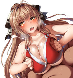 Rule 34 | &gt;:o, 10s, 1boy, 1girl, :o, amagi brilliant park, antenna hair, bad id, bad pixiv id, bare arms, bare shoulders, belko, bikini, blush, breasts, breasts squeezed together, brown hair, cleavage, collarbone, cum, cum on body, cum on breasts, cum on upper body, dutch angle, ejaculation, hair intakes, hair ribbon, heavy breathing, hetero, huge breasts, long hair, looking at viewer, o-ring, o-ring bikini, open mouth, paizuri, paizuri under clothes, pubic hair, red bikini, ribbon, sento isuzu, shiny skin, sweat, swimsuit, upper body, v-shaped eyebrows, yellow eyes