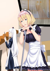 Rule 34 | 2girls, alternate costume, animal ears, apron, black dress, blonde hair, blue eyes, blush, breasts, cat ears, cleavage, commentary request, dress, enmaided, fake animal ears, frills, hair between eyes, highres, indoors, long hair, long sleeves, looking at viewer, maid, maid apron, maid headdress, medium breasts, multiple girls, open mouth, original, puffy short sleeves, puffy sleeves, rain, red eyes, short hair, short sleeves, silver hair, smile, standing, thighhighs, waist apron, wrist cuffs, zaregoto tsukai no deshi