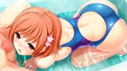 Rule 34 | 1girl, all fours, artistic error, ass, back, bathtub, blush, censored, competition swimsuit, flower, game cg, hair flower, hair ornament, hoshi ori yume mirai, koizumi amane, mixed-sex bathing, mosaic censoring, nude, one-piece swimsuit, orange hair, parted lips, partially submerged, penis, penis awe, red eyes, shared bathing, shinozaki marika, short hair, solo focus, staring, swimsuit, water, wet, wrong foot