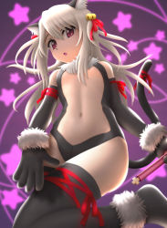 Rule 34 | 1girl, animal ears, animal hands, bare shoulders, blush, cat ears, cat girl, cat tail, center opening, fate/kaleid liner prisma illya, fate (series), female focus, highres, illyasviel von einzbern, long hair, magical girl, navel, official alternate costume, prisma illya, red eyes, siraha, solo, tail, thighhighs, white hair