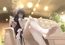 Rule 34 | 1girl, black hair, blue archive, blush, ceiling light, couch, dark skin, feet, halo, hand on own thigh, highres, karin (blue archive), crossed legs, long hair, looking at viewer, maid, pov, sitting, soles, toes, white legwear, yellow eyes