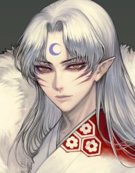 Rule 34 | 1boy, closed mouth, crescent, eyelashes, eyeshadow, facial mark, forehead mark, grey background, grey hair, inuyasha, long eyelashes, long hair, looking at viewer, makeup, male focus, pointy ears, purple eyeshadow, sesshoumaru, simple background, slit pupils, solo, upper body, vusc, whisker markings, yellow eyes