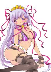 Rule 34 | 1girl, :q, absurdres, bb (fate), bb (fate), bb (swimsuit mooncancer) (fate), bikini, bikini top only, black gloves, blush, boots, breasts, commentary request, earrings, fate/grand order, fate (series), fingerless gloves, gloves, hair ornament, hair ribbon, highres, jewelry, large breasts, long hair, looking at viewer, maitou, nail polish, navel, neck ribbon, purple bikini, purple eyes, purple hair, purple nails, ribbon, simple background, sitting, solo, star (symbol), star earrings, star hair ornament, swimsuit, thigh boots, thighhighs, tongue, tongue out, very long hair, white background, yokozuwari