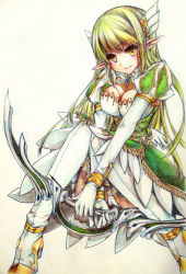 Rule 34 | 1girl, boots, breasts, cleavage, elsword, gloves, grand archer (elsword), green hair, juliet sleeves, long hair, long sleeves, luoz, panties, pantyshot, pointy ears, puffy sleeves, rena erindel, sitting, skirt, smile, solo, thigh boots, thighhighs, traditional media, underwear, upskirt, white background, white gloves, white panties, white thighhighs, yellow eyes