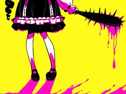 Rule 34 | 1girl, baseball bat, black hair, blood, blood on ground, bloody weapon, buckle, dress, drill hair, frilled dress, frills, heart, heart-shaped buckle, highres, holding, holding baseball bat, lobotomybunny, lolita fashion, mary janes, nail, nail bat, original, ribbon trim, shoes, silhouette, sleeve bow, solo, weapon, yellow background