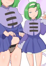 Rule 34 | 1girl, absurdres, animal ears, black panties, brave fencer musashiden, capelet, closed mouth, dress, green hair, groin, hairband, highres, long sleeves, looking at viewer, mouse ears, mouse girl, mouse tail, navel, open mouth, panties, purple capelet, renimilchstrase, short hair, simple background, skirt, smile, solo, sweat, tail, topo (musashiden), underwear, white background