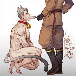 Rule 34 | 2boys, animal ears, bad id, bad pixiv id, bell, neck bell, black gloves, blush, boots, bryan fury, cat boy, cat ears, cat tail, clothed male nude male, collar, cum, cumdrip, dated, dog ears, food, gloves, head out of frame, kemonomimi mode, kneeling, korean text, male focus, military, military uniform, multiple boys, muscular, nude, popsicle, sergei dragunov, signature, tail, tekken, translation request, uniform, yaoi, yi lee