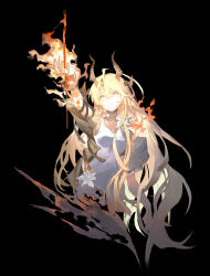 Rule 34 | 1girl, absurdres, arknights, arm up, black background, blonde hair, breasts, burnt clothes, commentary request, dabaijiang memeda, dress, fire, hair between eyes, highres, horns, long hair, parted lips, reed (arknights), simple background, small breasts, solo, very long hair, white dress