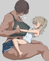Rule 34 | 1futa, 1girl, biceps, blonde hair, blue eyes, breasts, brown hair, dark-skinned female, dark skin, futa with female, futanari, height difference, highres, huge breasts, kei (m k), m k, muscular, muscular female, original, rika (m k), short hair, simple background, size difference, small breasts, stomach bulge, straddling, sweat, swimsuit, tall, tall female, tank top, tomboy, tongue, tongue out, yuri