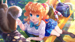 1girl :d bag bench blazer blue_bow blue_eyes blue_jacket blue_skirt bow day girlfriend_(kari) hair_behind_ear hair_ribbon jacket juggling_club looking_at_viewer official_art open_mouth orange_hair outdoors park park_bench plaid_clothes plaid_skirt qp:flapper red_bow ribbon sagara_emi school_uniform shade shirt shoes sitting skirt smile squirrel tagme thighhighs tree two_side_up unworn_jacket white_shirt wodden_bench