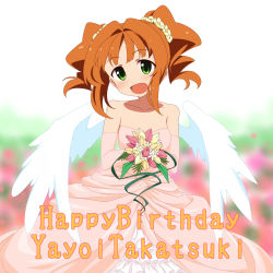 Rule 34 | 1girl, angel wings, bare shoulders, bouquet, brown hair, character name, elbow gloves, english text, flower, gloves, green eyes, hair flower, hair ornament, happy birthday, highres, idolmaster, idolmaster (classic), open mouth, solo, takatsuki yayoi, takeya yuuki, twintails, wings