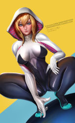 Rule 34 | 1girl, badcompzero, blonde hair, blue eyes, bodysuit, breasts, cameltoe, dutch angle, gloves, gwen stacy, hood, hooded bodysuit, large breasts, looking at viewer, marvel, short hair, signature, silk, smile, solo, spider-girl, spider-gwen, spider-man (series), spider web, spider web print, squatting, superhero costume