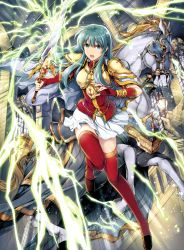 Rule 34 | 1girl, absurdres, animal, aqua eyes, aqua hair, armor, boots, bracelet, breastplate, cape, earrings, eirika (fire emblem), elbow gloves, fingerless gloves, fire emblem, fire emblem: the sacred stones, fire emblem cipher, gloves, highres, holding, holding sword, holding weapon, horse, indoors, jewelry, leg up, lightning, long hair, looking at viewer, nintendo, official art, open mouth, red footwear, red gloves, shoulder armor, sidelocks, skirt, solo, sword, thigh boots, thighhighs, weapon, white skirt, yamada koutarou, zettai ryouiki
