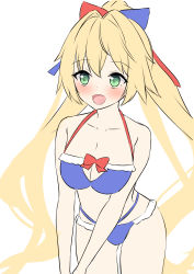 Rule 34 | 1girl, :d, absurdres, azur lane, bare arms, bare shoulders, bikini, blonde hair, blue bikini, blush, bow, breasts, cleavage, cleavage cutout, clothing cutout, collarbone, green eyes, hair between eyes, high ponytail, highleg, highleg bikini, highres, le temeraire (azur lane), le temeraire (summery temeraire!) (azur lane), long hair, medium breasts, official alternate costume, open mouth, ponytail, red bow, roido (taniko-t-1218), simple background, smile, solo, swimsuit, very long hair, white background