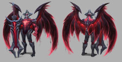 Rule 34 | 1boy, aatrox, armored boots, boots, colored skin, davidsyk, from behind, full body, grey background, grey skin, helmet, highres, holding, holding weapon, league of legends, male focus, multiple views, muscular, muscular male, red eyes, red skin, red wings, simple background, standing, weapon, wings